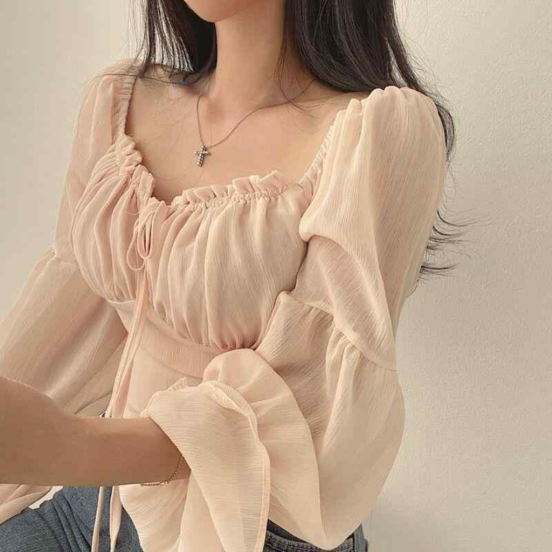 シャツ 女性用 秋 法式 方領 収腰 喇叭袖 雪紡 木耳辺 系? 切り替え 修身 短丈 長袖 セットイン 純色 白色 ピンク 綿 ポリエステル 接触冷感 軽量 吸湿速乾 清新 甘め 快適 休?