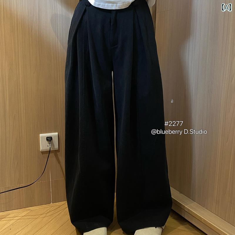 レディース ワイドパンツ コットン 長ズボン 松腰 ストレート ゆったり シルエット 無地 ポケット 付き 無弾力 厚手 黒 ベージュ ブラウン ホワイト グレー カーキ シンプル 韓国風 日常使い 快適