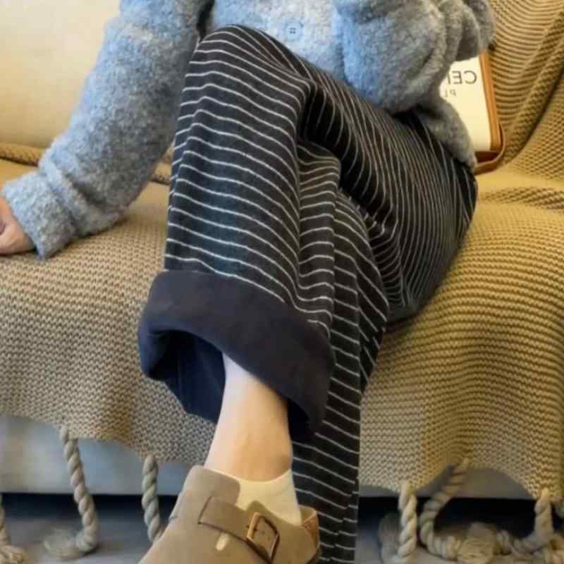 レディース 冬季 ?腿パンツ 高腰 ストライプ柄 ポケット 付き 厚手 中厚 伸縮性 ポリエステル 素材 気質 通勤 スタイル 都市 カジュアル ブラック グレー ホワイト ベージュ 暖か ロング丈 ゆったり シルエット 女性用 梨型 ボディ 対応 小柄