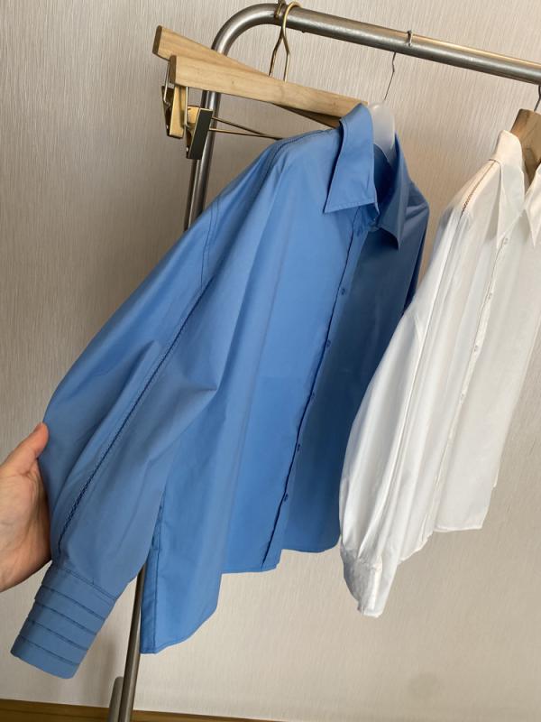 シャツ 女性用 春 長袖 レース 透け 袖 気質 翻領 ポロ襟 コットン 100% 長絨 純色 基本款 切り替え デザイン 単排扣 ボタン ディテール 白色 ブルー 微弾力 日韓 カジュアル スタイル 普通 丈 50cm 65cm 間 通勤 普段使い 軽