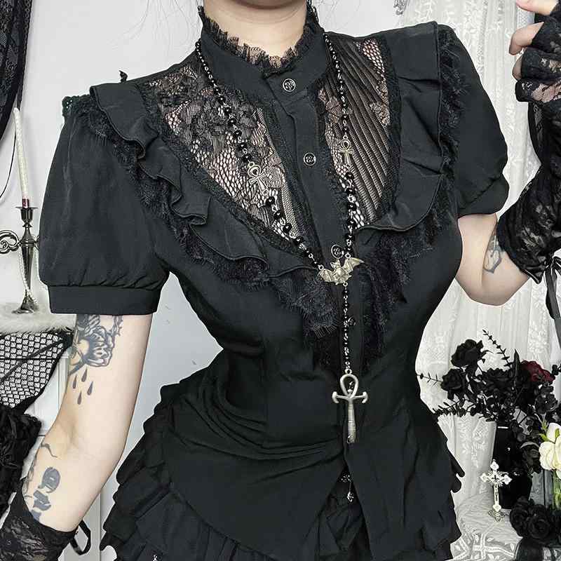 ブラウス 女性用 短袖 レース 刺繍 切り替え 修身 ブラック 接触冷感 ポリエステル スパンデックス 伸縮性 街頭スタイル セクシー 基本款 スタンドカラー シングルブレスト ショート丈 ダークファッション 夏 サマー 通勤 普段使い