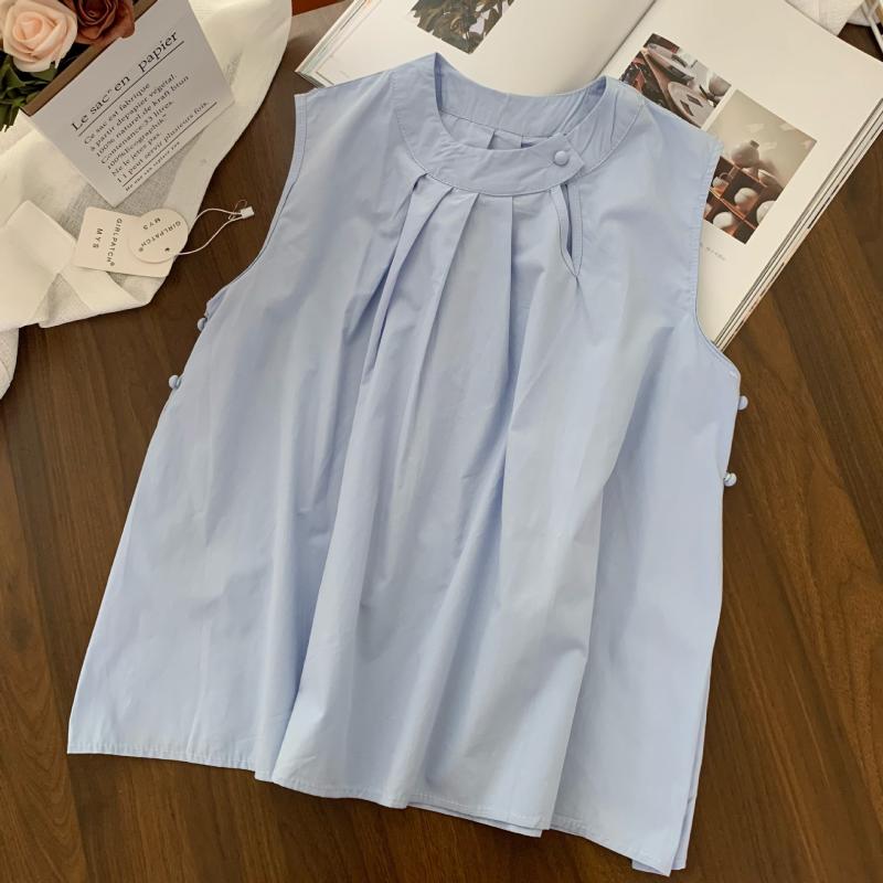 キャミソール 女性用 無袖 丸首 切り替え プリーツ 洗い加工 コットン シャツ トップス 涼感 ポリエステル ワイドシルエット ゆったり 夏 春夏 通勤 普段使い 軽量 吸湿速乾 ブルー グリーン ホワイト
