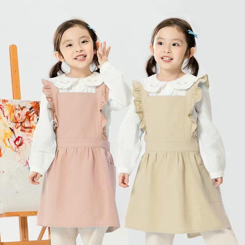 子供用 無袖エプロン 純棉 防汚 女の子 3-8歳 フレンチスタイル 復古 フリル ピンク系 ホワイト ブルー シンプル かわいい 普段使い 部屋着 伸縮性 軽量 通年