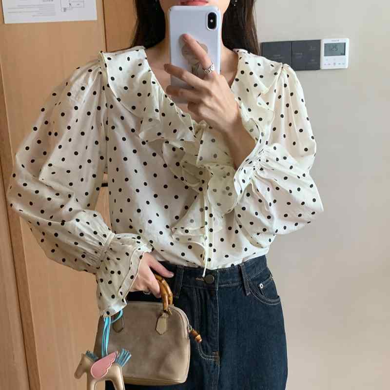 レディース 春夏 トップス シャツ かわいい 甘め ルーズフィット フレア Vネック ドローストリング フラッタースリーブ ポルカドット 長袖 プリント 杏色 フレアエッジ 軽量 涼しい 接触冷感 ポリエステル ゆったり 春服 甘い 爽やか 日常使い ト