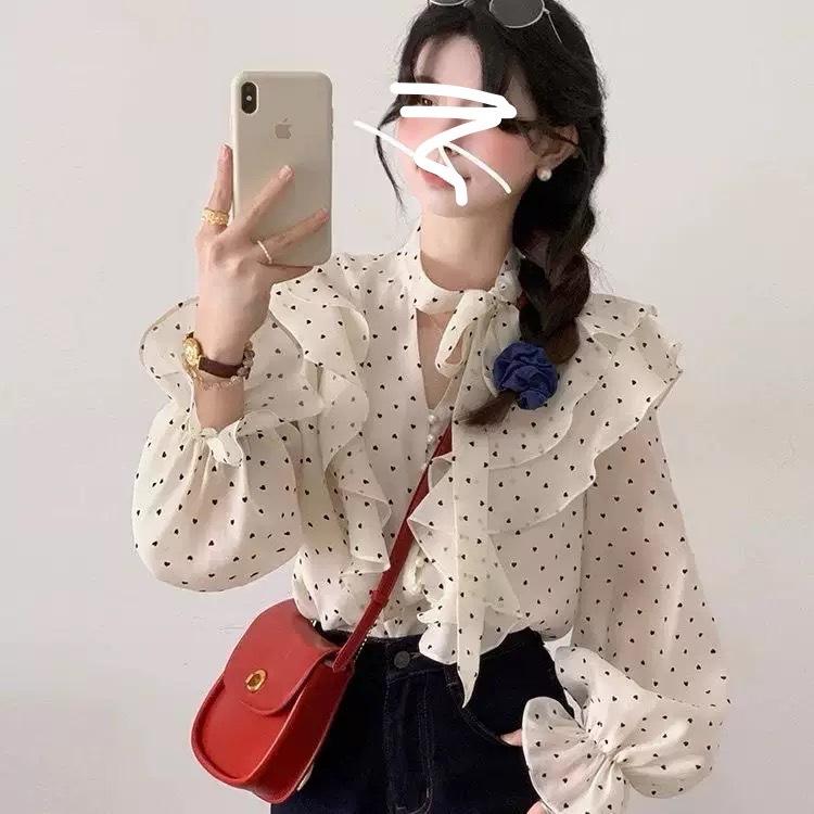 シャツ 女性用 長袖 フレア ポルカドット リボン フレンチスタイル 復古 気質 高級感 上衣 トップス ?? ポリエステル シャツ領 標準袖 春季 ポルカドット柄 ブラック ホワイト ドット柄 快適 レジャー 日常使い 軽量 吸湿速乾 伸縮性 ゆったり