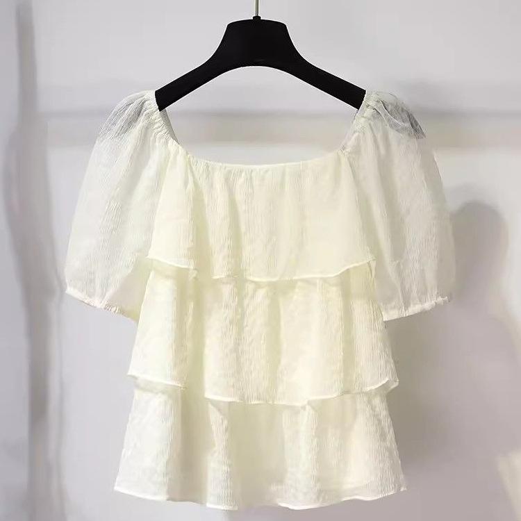 ブラウス 女性用 夏 無袖 泡泡袖 フレア袖 フレンチスタイル 一文字肩 肩出し シフォン ポリエステル スパンデックス ストレッチ 杏色 ライトベージュ ベージュ系 軽量 通気性 吸湿速乾 私服 女性らしい フェミニン トップス シャツ インナー レイ