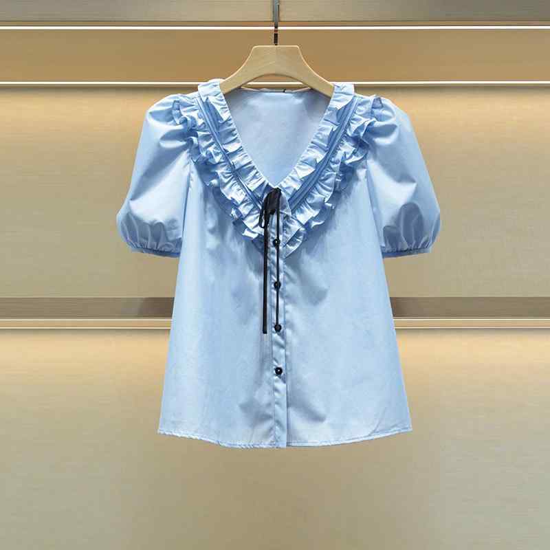 シャツ 女性用 法式風 Vネック フリル 泡泡袖 蝶結び 短袖 トップス ブルー 夏 春夏 普通丈 単排ボタン 文?復古 軽量 伸縮性 吸湿速乾 綿混 再生繊維 カジュアル 普段使い 通勤用 かわいい ビッグシルエット フレンチスタイル