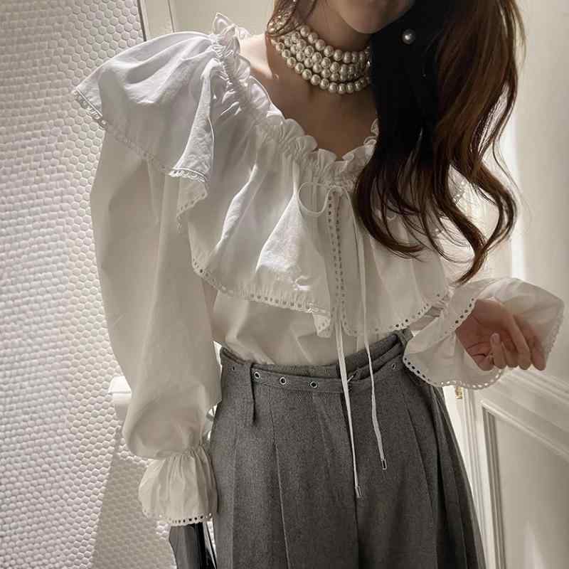 シャツ 女性用 甘い 清新 ラッフル 切り替え 花辺 フレアスリーブ 長袖 トップス ブラウス ゆったり ワイド シルエット 普通丈 純色 ホワイト ブラック セットインスリーブ 甘め スタイル 普段使い 軽量 綿混 素材 春夏 シーズン