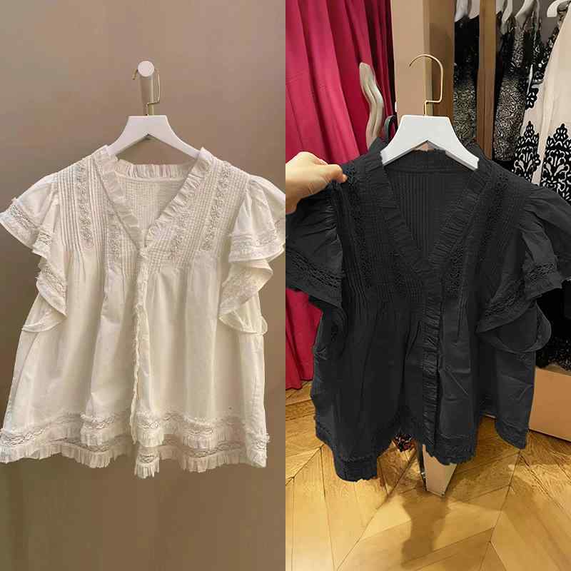 ブラウス レディース 春夏 かわいい 黒 綿 Vネック レース 木の耳エッジ 荷葉袖 切り替え 毛羽縁 短袖 ルーズフィット 甘め フレアスリーブ プリーツ トップス シャツ 接触冷感 通勤 普段使い 軽量 吸湿速乾 ビッグシルエット