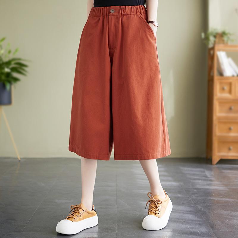 スカートパンツ レディース コットン混紡 切り替えデザイン 伸縮性松緊腰 七分丈 ワイドレッグパンツ ブラック ベージュ テラコッタ アイボリー ゆったりシルエット 快適 吸湿性 通勤 普段使い 部屋着 ビッグシルエット 軽量 再生繊維 春夏 秋 カジュ