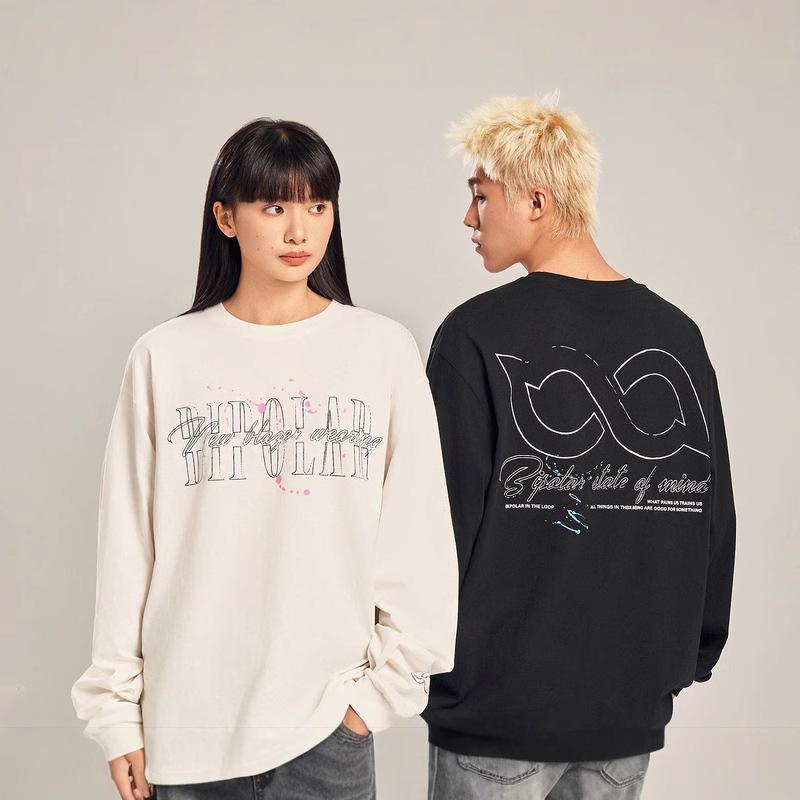 メンズ 長袖 Tシャツ トップス ユニセックス ゆったり 落肩袖 丸首 純綿 100% 黒 白 プリント 文字柄 創造的 面白い 抗菌 機能 ゆったりシルエット 日常 カジュアル 秋 夏 対応 成人 青少年 向け ゆったり フィット 快適 肌触り