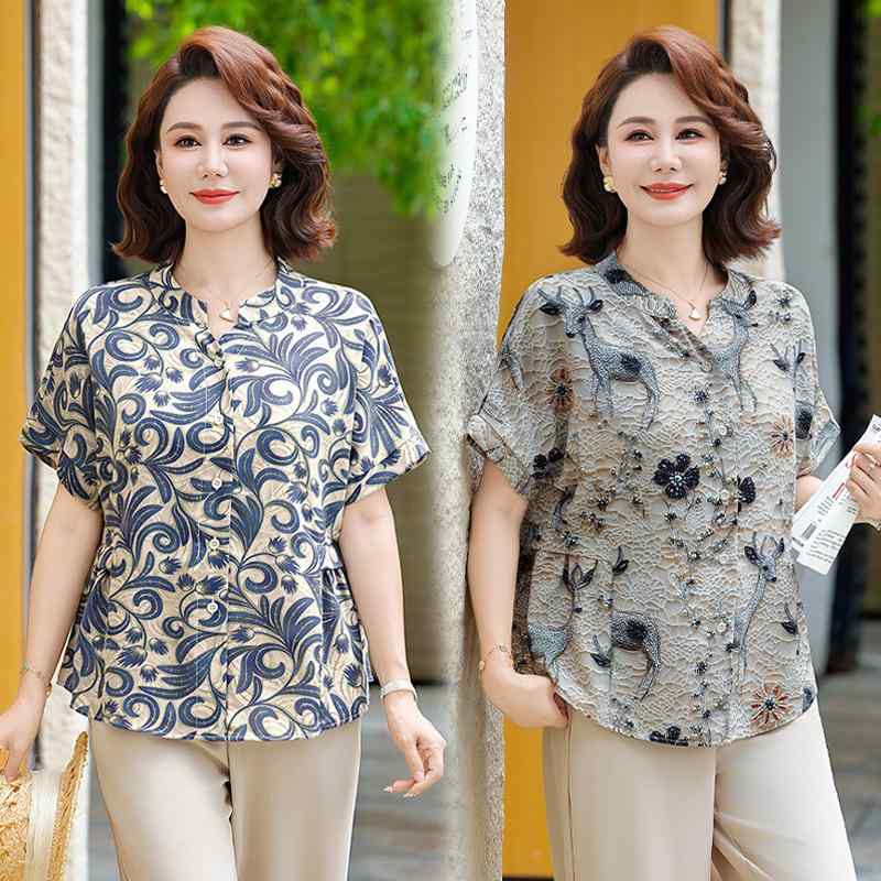 レディース シャツ トップス 夏 春夏 短袖 基本款 立領 ボタン 花柄 植物柄 灰色 ブルー ?? ポリエステル 軽量 吸湿速乾 ワイドシルエット ゆったり 気質 かわいい 復古風 中国風 文? 袖丈 三分袖 普通丈 ゆったりフィット 女性用 上品 日