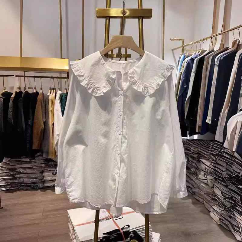 シャツ 女性用 春秋 春夏 秋冬 長袖 開襟 ドルマンスリーブ フリル 綿 コットン ポリエステル 混紡 無地 純色 ゆったり ルーズ フィット ベーシック シンプル 爽やか かわいい 甘め プリンセス ガーリー かわいい スタイル 快適 日常使い トッ