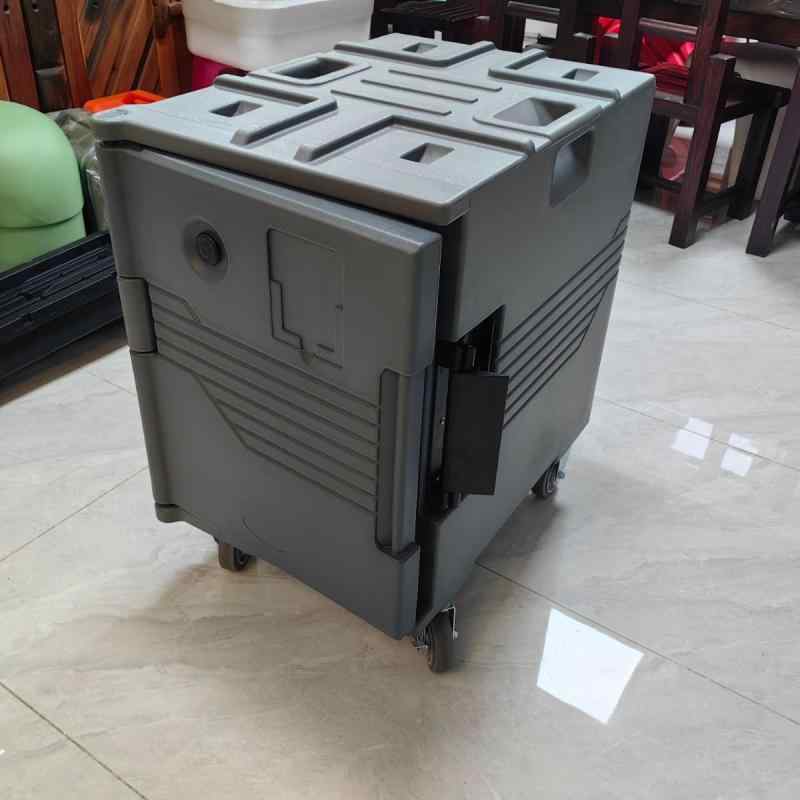 食品保温箱 立式 90L 保冷機能 側面開き 二層構造 グレー LDPE素材 厨房用 業務用 耐久性 軽量 輪付きオプション 食品保存 温度維持 通年使用