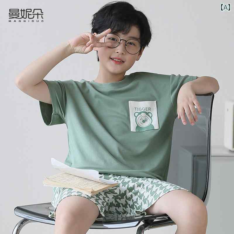男の子 子供 部屋着 夏 薄手 全棉 短袖 パジャマ セット 男童 青少年 居家服 綿 100パーセント 吸湿速乾 軽量 かわいい ・柑通柄 休? スタイル 通年対応