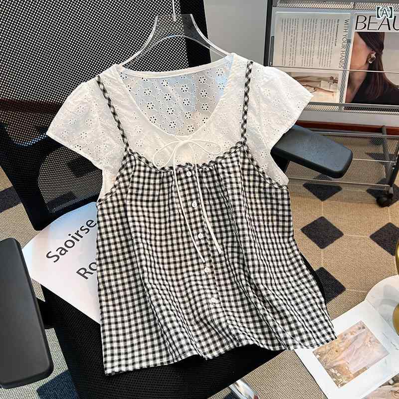 レディース シャツ 短袖 刺繍 レース 切り替え 丸首 フリル袖 短丈 ?? ポリエステル 素材 日韓 スタイル かわいい 減? デザイン 黒 ブルー ピンク グリーン カラー 2025 夏季 春夏 大きめ サイズ ゆったり シルエット ドール トップス