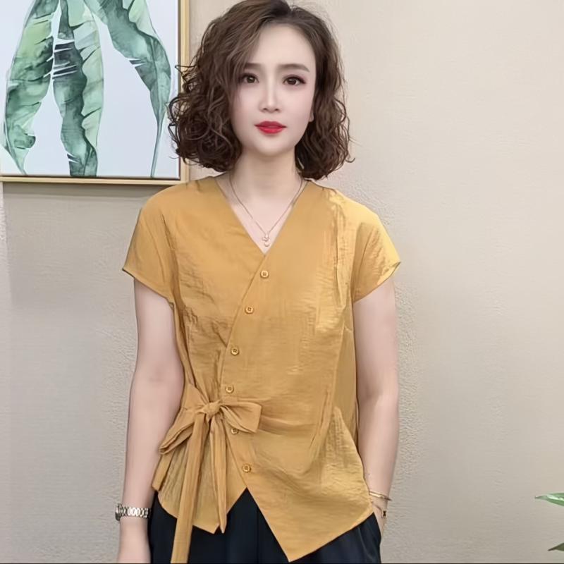 レディース 短袖 シャツ トップス 夏 春夏 黄色 灰色 天藍 Vネック 系帶 デザイン 切り替え 短袖 シンプル ポリエステル 95%以上 ゆったり シルエット 日韓 カジュアル スタイル 純色 ユニセックス 日常使い 軽量 涼しい 素材 日常着 通勤