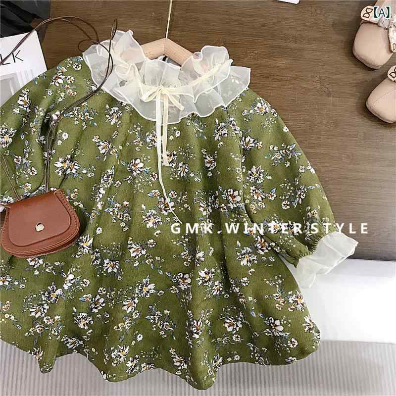 女児 ワンピース 女の子用 春秋 コットン 長袖 フラワー柄 灯芯? フレンチレース フリル かわいい プリンセススカート 緑色 柔らか素材 ゆったり ビッグシルエット 3~8歳 100~140cm 通年 普段使い 軽量 伸縮性 花柄 プリント ガーリー