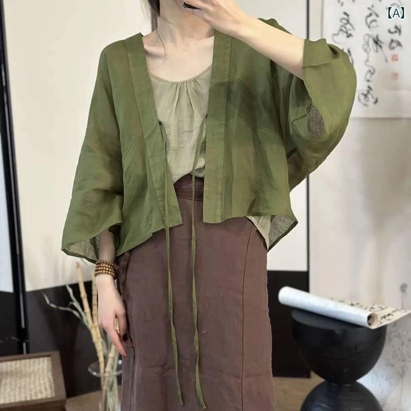 レディース 開襟シャツ 綿麻素材 超薄 系帯 デザイン 純色 3D 七分袖 ワイドシルエット 防風 機能 緑 杏 黒 夏 服 軽量 薄手 防晒 加工 民族風 スタイル 芸術 復古 柄 ショール 風 空調 対応 トップス 切り替え 加工 他の スタイル 袖