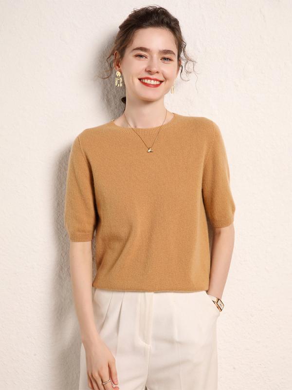 編み物 トップス 成人女性用 羊? 無縫 押し並べて型 丸首 半袖 ゆったり 影ぼうし 薄っぺら 当たること冷感 通い 普段使い走り 市乳白いこと 駱駝 カーキ ベージュ サクラ色 薄墨色 黒いこと 人となり 心ゆかしい