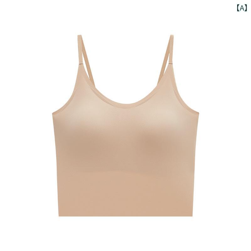 インナー トップス 女性用 吊り紐 Vネック ブラ一体型 胸パッド付き 集め 修身 ナイロン 薄手 通年 普段使い 軽量 伸縮性 細帯 細身 ブラック ホワイト ベージュ カフェオレ