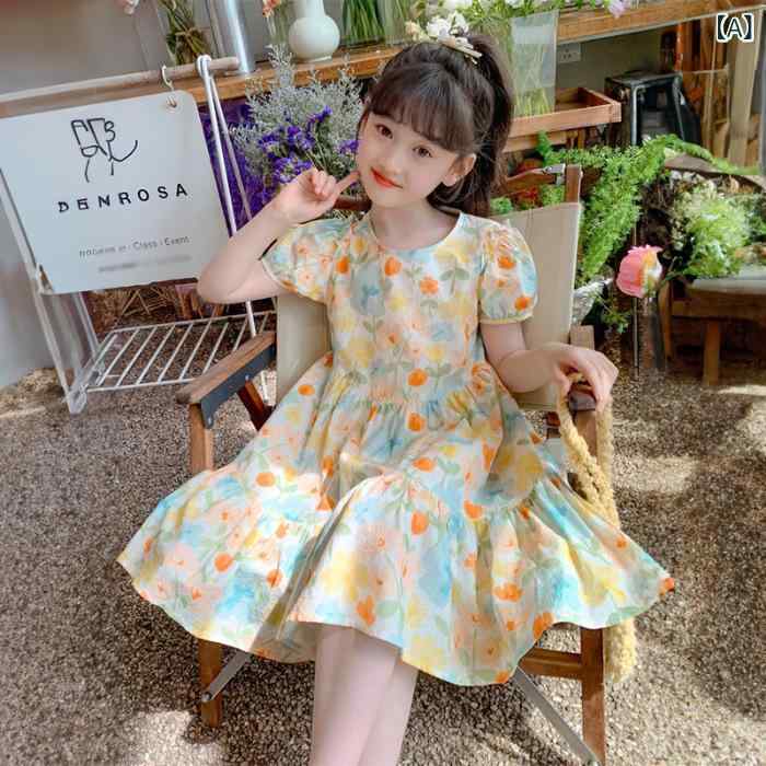 女の子 ワンピース 韓国風 ゆったり フラワープリント 夏用 かわいい 泡泡袖 プリンセススカート 短袖 ポリエステル 軽量 通気性 かわいい スタイル 女児 中大童 黄色 120cm 130cm 140cm 150cm 160cm 170cm