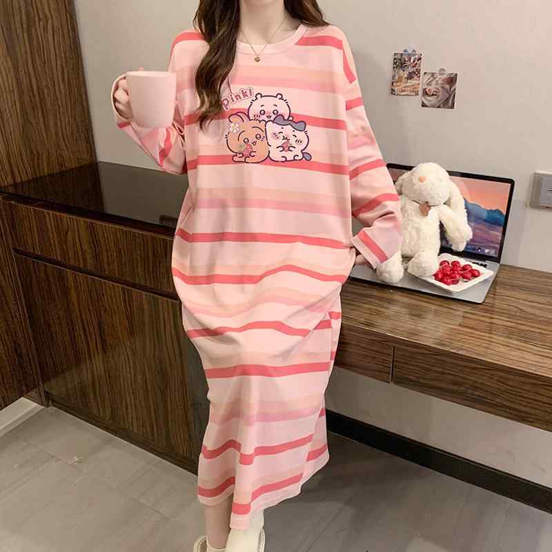 パジャマ 女性用 春夏 長袖 綿 ストライプ ゆったり かわいい 長丈 膝下 ルームウェア 透気 快適 居家 外出可 少女向け コットン100% 適中厚 丸首 長袖 連体 長スカート カードゥ ゆったりシルエット 寝間着 インナー
