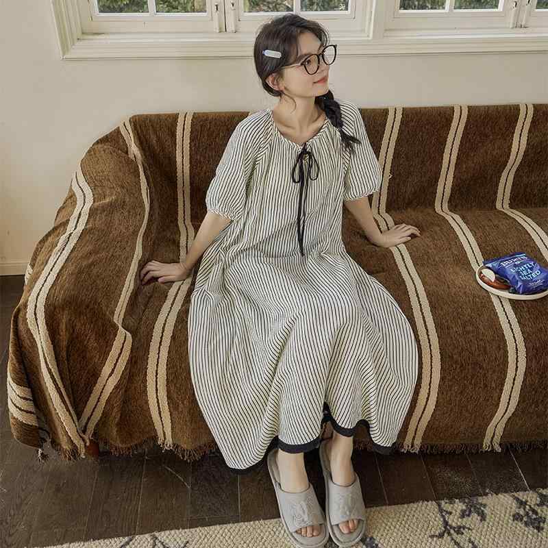 夏 女性用 ワンピース 睡衣 トップス かわいい 薄手 綿 素材 接触冷感 無領 短袖 中長丈 ゆったり シルエット 室内着 外出着 吸湿速乾 快適 軽量 春夏