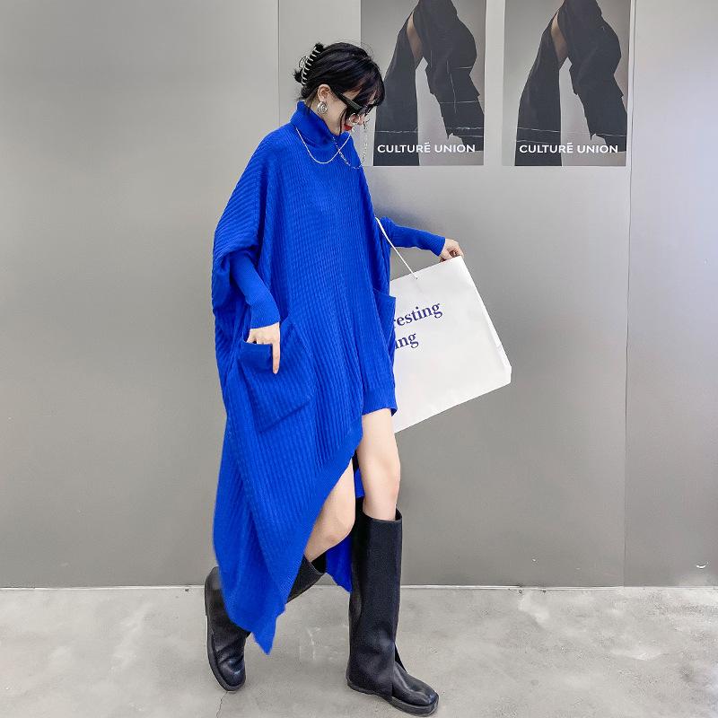 ニット ワンピース 秋冬 女性用 タートルネック バットスリーブ ゆったり デザイン コットン ビスコース 混紡 長袖 無地 ミドル丈 セットアップ 着用 ストリート スタイル ブラック ブルー ワインレッド ダークグリーン 吸湿性 伸縮性 暖かみ 日常
