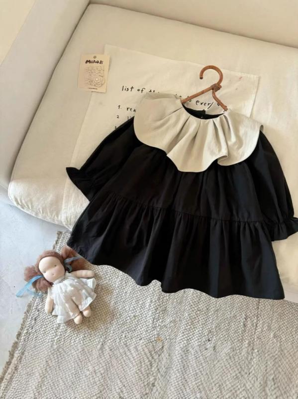 女児 ワンピース 長袖 春秋 キッズ 女の子 幼児 綿 柔軟素材 純色 ブラック プリンセス スカート ゆったり ルーズフィット かわいい 日常着 伸縮性 通園用 軽量 丸首