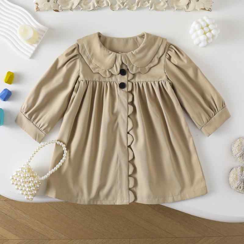 キッズ 女の子 秋冬 コート トレンチコート 風防服 長袖 Vネック 単排扣 中長丈 かき色 綿混 再生繊維 柔軟素材 普通厚 韓風 シンプル 純色 3-8歳 90-140cm 通学 普段使い 軽量 伸縮性