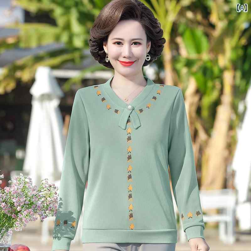 トップス レディース 中高年向け 長袖 Tシャツ 打底衫 春 気質 通勤 スタイル ニット 弾力 小衫 上衣 ポリエステル 繊維 95% 以上 Vネック 普通丈 50-65cm ダイヤ 刺繍 加工 ゆったり フィット 軽やか 素材 快適 日常使い 淡緑