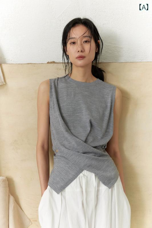 針織 トップス 女性用 無袖 丸首 ウエストイン 開・楷 ボタン 薄手 修身 接触冷感 吸湿速乾 羊毛混 綿素材 純色 グレー ホワイト ボルドー ブラック 通勤風 気質 法式 デザイン 夏季 軽量 伸縮性 普通丈 セットアップ クロス 切り替え 無地 コ