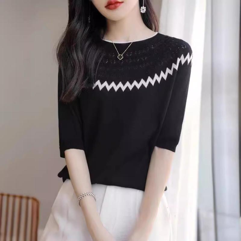 Tシャツ 女性用 夏季 接触冷感 ポリエステル 編み 短袖 薄手 ワンサイズ トップス レースアップ 切り替え デザイン 中袖 上衣 丸首 ルーズフィット 普通丈 幾何学模様 通勤風 かわいい 清新 スタイル ブラック ホワイト セットアップ