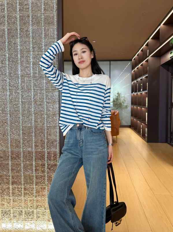 ニットセーター 女性用 春夏 薄手 コットン ポリエステル ブルー ネイビー ストライプ チェック柄 ラウンドネック ロングスリーブ ルーズフィット カジュアル セットオン コットン素材 ポリエステル混紡 軽量 快適 シンプルスタイル 日韓風 トップス