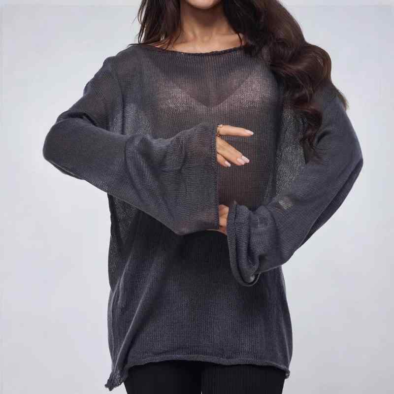 ニット トップス 女性用 春夏 透視 薄手 ラウンドネック フレアスリーブ 長袖 ニットTシャツ ワイドシルエット ミドル丈 接触冷感 ポリエステル 綿混 白色 ピンク ブラウン グレー 赤 ベージュ ブラック ワインレッド ブルー パープル ストリート