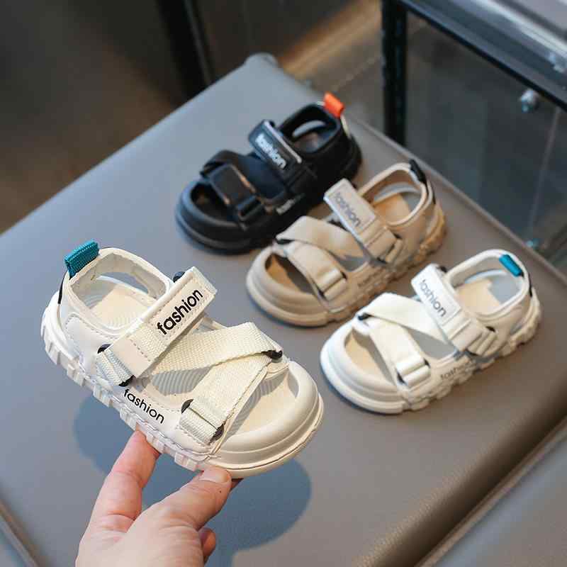 キッズサンダル 男の子用 夏用 ビーチシューズ 防滑 包頭 超繊維皮革 ラバーソール 魔術貼 縫線 韓風 米白色 黒 ・柑其 軽量 通気性 室内外対応 子供靴 幼児 小学生低学年 遊び着 屋外遊び 調整可能 ソフト素材