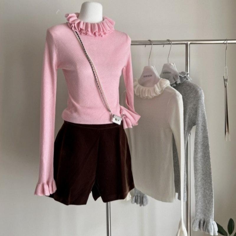ニットトップス 女性用 気質通勤 修身シルエット 荷叶エッジ ダブルレイヤー フリルデザイン 長袖 セットインスリーブ 粘着繊維 軽量 単品 セットネック 普通丈 立体装飾 純色 グレー ピンク ブルー ホワイト ブラック ベージュ 秋冬 インナー 普段