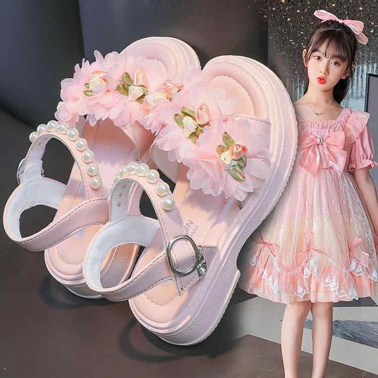 女児 キッズ 女の子 子供 春夏 夏季 ピンク ピンク系 アイボリー 米白色 合成革 柔らかい底 軽量 軽便 ソフトソール ゴム底 スポーツ サンダル プリンセス フラワー 花柄 花 装飾 ファッション スタイリッシュ 透気性 夏用 女児用 女童 靴 子