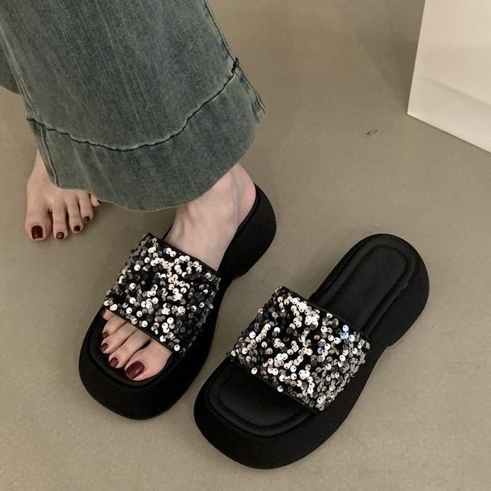 サンダル 女性用 厚底 キラキラ ストラップ 黒 夏 春夏 接触冷感 PU素材 丸トゥ 韓国スタイル ラバーソール 軽量 伸縮性 吸湿速乾 通勤 普段使い 5,681円