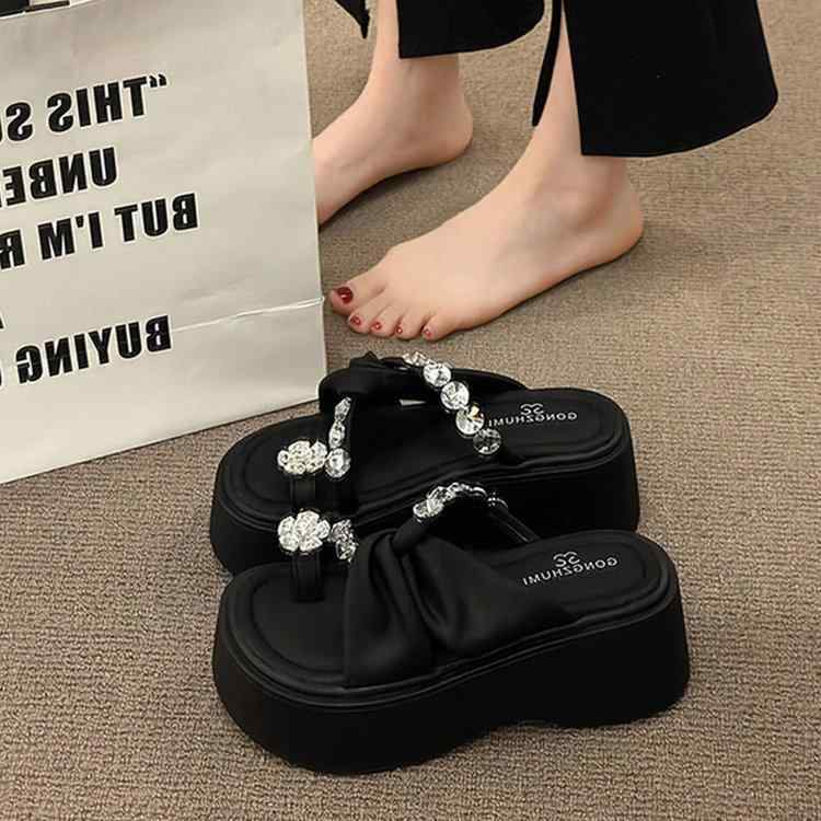 サンダル 女性用 厚底 厚底靴 ビーチサンダル クリアサンダル ファッションサンダル 水晶装飾 オープントゥ ワンピースコーデ 夏用 黒 ベージュ PU素材 ラウンドトゥ ラバーソール マイクロファイバー内側 軽量 クッション性 通気性 屋外用 ビッグシ