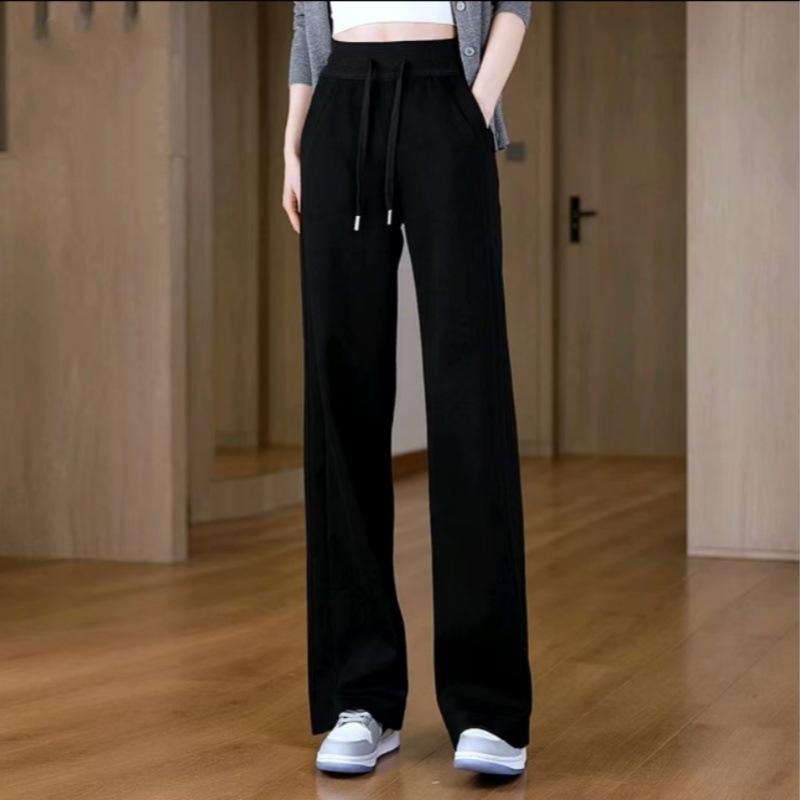 レディース ワイドレッグパンツ スポーツ コットン混 ポリエステル マイクロストレッチ 高腰 ロング丈 黒 グレー 花柄 切り替え ポケット シンプル 秋冬 日常使い 軽量 通勤 カジュアル ゆったり シルエット 垂感 細身 背が高い