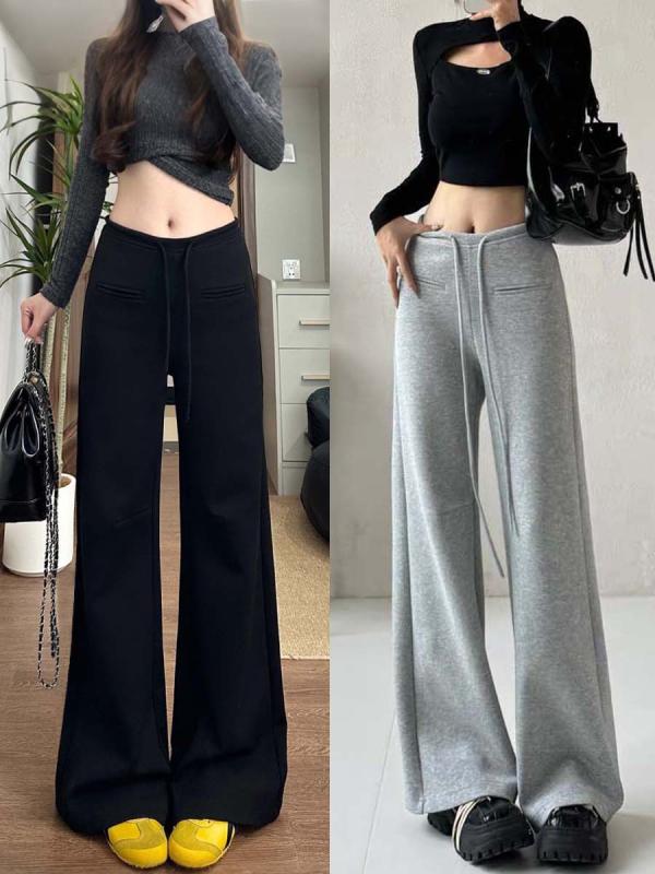 レディース ワイドパンツ グレー ハイウエスト コットン ストレッチ 直筒 ロング ゆったり 春夏 秋冬 通勤 普段使い 気質 軽量 吸湿速乾 切り替え デザイン マイクロエラスティック ミッドライズ フルレングス ルーズフィット スリムライン ビジネス