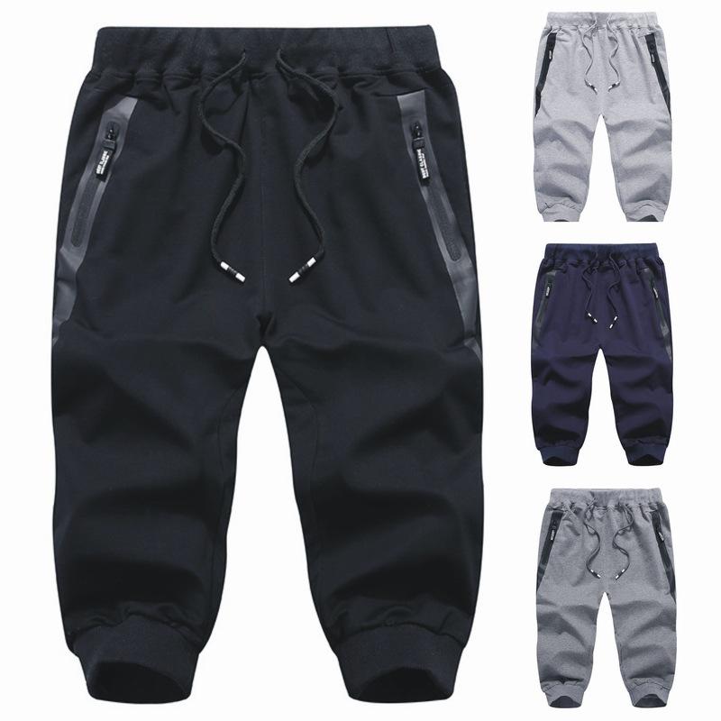 メンズ 七分パンツ コットン ストレッチ ミッドライズ 直筒 細脚 スモック ジッパー ポケット ロープクロージャー 薄手 無地 夏用 日常 スポーツ レジャー 耐久性 色落ち防止 黒 ネイビー ダークグレー ライトグレー 伸縮性 ニット加工 コットン7