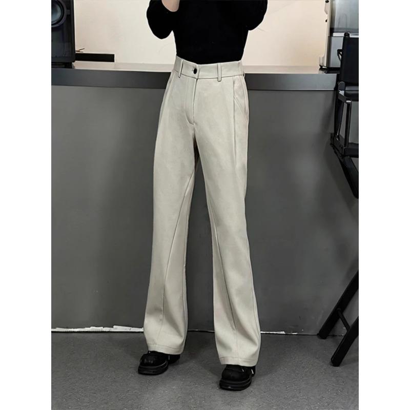 メンズ 直筒パンツ 高腰 黒 夏用 ポリエステル 垂れ感 高級感 痩せ見え マイクロフレア 韓国風 休? カジュアル 長ズボン ポケット付き 青少年向け ゆったりシルエット 吸湿速乾 軽量 普段使い 通勤 ストレッチなし 純色 細身 スタイリッシュ 脚長