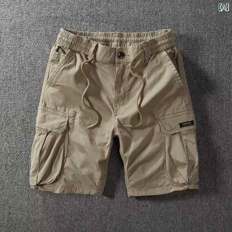 メンズ 夏用 軽量 工装 ショートパンツ 直筒型 中腰 薄手 無弾性 ポリエステル 素材 純色 多ポケット 直筒 裾 ゆったり フィット 軽便 動きやすい カーキ ブラック グレー グリーン カラーバリエーション 休? スタイル 青年向け 5分丈 膝上