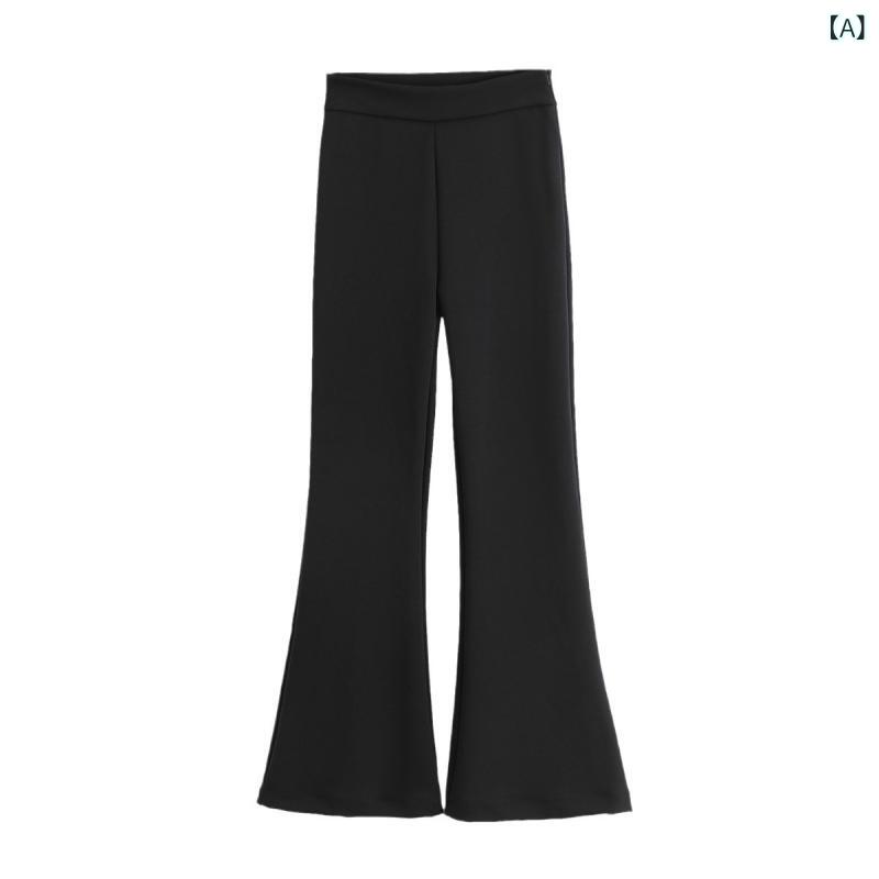 レディース ワイドパンツ ミドルウエスト ロング丈 黒 秋 直筒型 コットン混 ポリエステル スパンデックス ストレッチ 軽量 普段使い スポーツ カジュアル 韓国風 日韓スタイル
