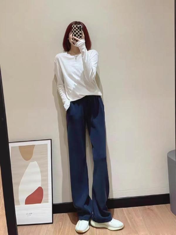 レディース 直筒パンツ ロング丈 高腰 コットン ストレッチ 垂感 軽量 シンプル 日韓カジュアル ブラック ネイビー 春夏 普段使い 運動 ゆったりシルエット 吸湿速乾 ミッドウェスト ミドルウェイト ドローストリング デイリーウェア アクティブスタイ