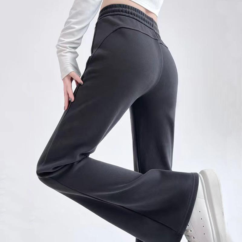 レディース スポーツパンツ 春夏 メンズ風 微スパイシー コットン素材 高腰 スリム効果 フレアパンツ ワイドレッグ 長丈 厚手 ポケット ポケットデザイン グレー ブラック ホワイトグレー チャコールグレー ベージュ 微弾力 免燻加工 日韓カジュアル