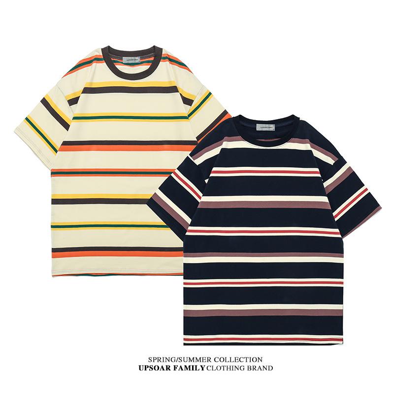 メンズ トップス 短袖Tシャツ 綿 条紋 柄 丸首 ゆったり シルエット ヒップホップ スタイル 赤 色 米白色 春夏 秋 透気性 免? 加工 ゆったり フィット 日常 使い 青年 向け カジュアル シャツ コットン 素材 ストリート ファッション 軽量
